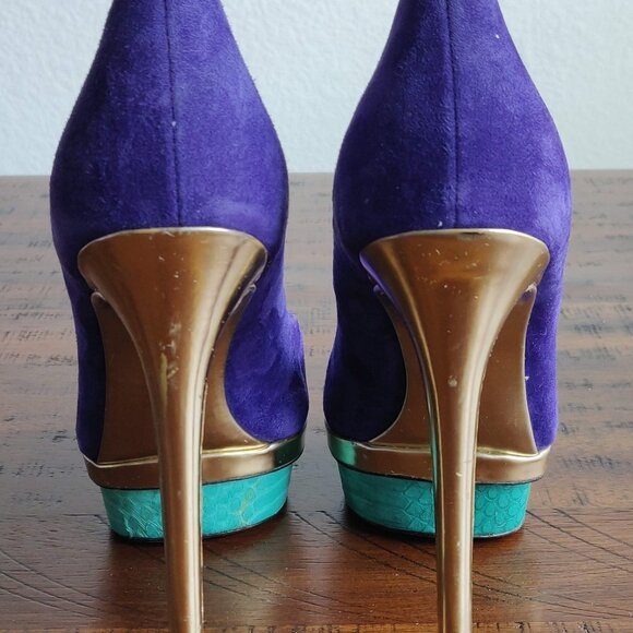 Brian Atwood Blue Suede Colorblock Fontanne Platform Pumps 7.5 Gold aqua green - Picture 4 of 11